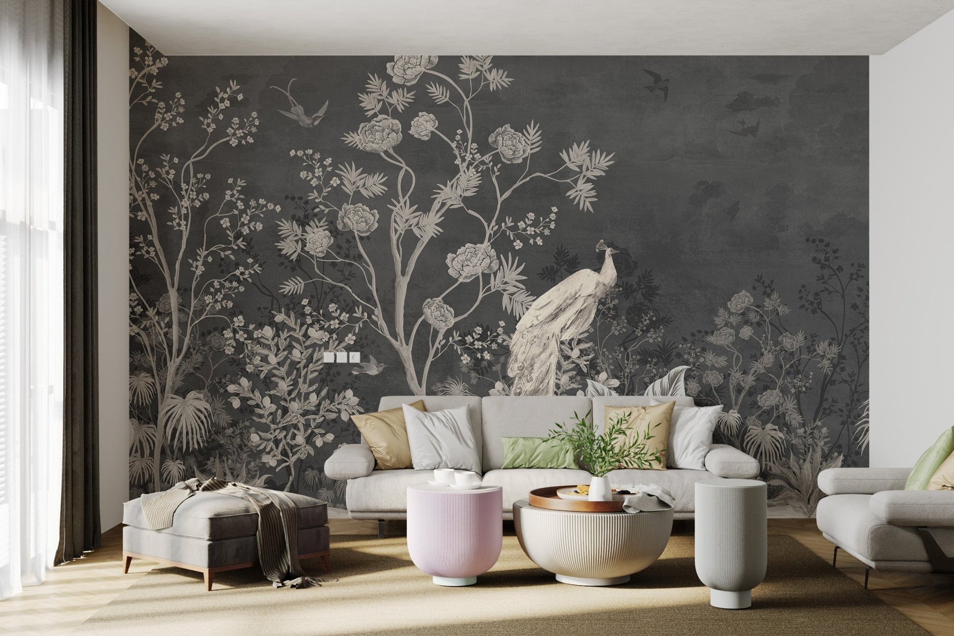 Matte finish black peacock wall mural with intricate tree patterns in living room