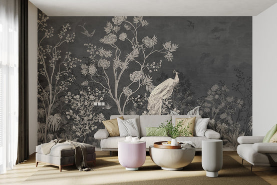 Matte finish black peacock wall mural with intricate tree patterns in living room