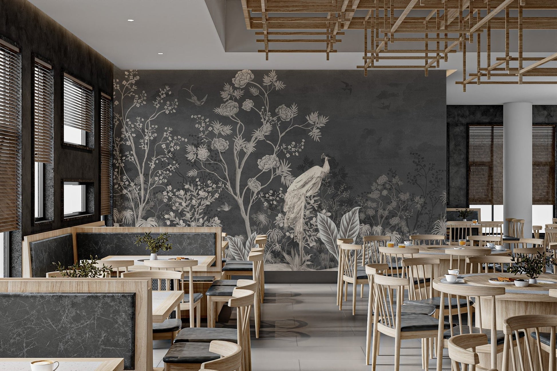 Exotic jungle and black peacock vintage wall mural in open restaurant.