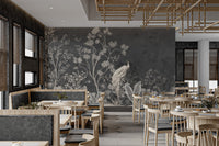 Exotic jungle and black peacock vintage wall mural in open restaurant.
