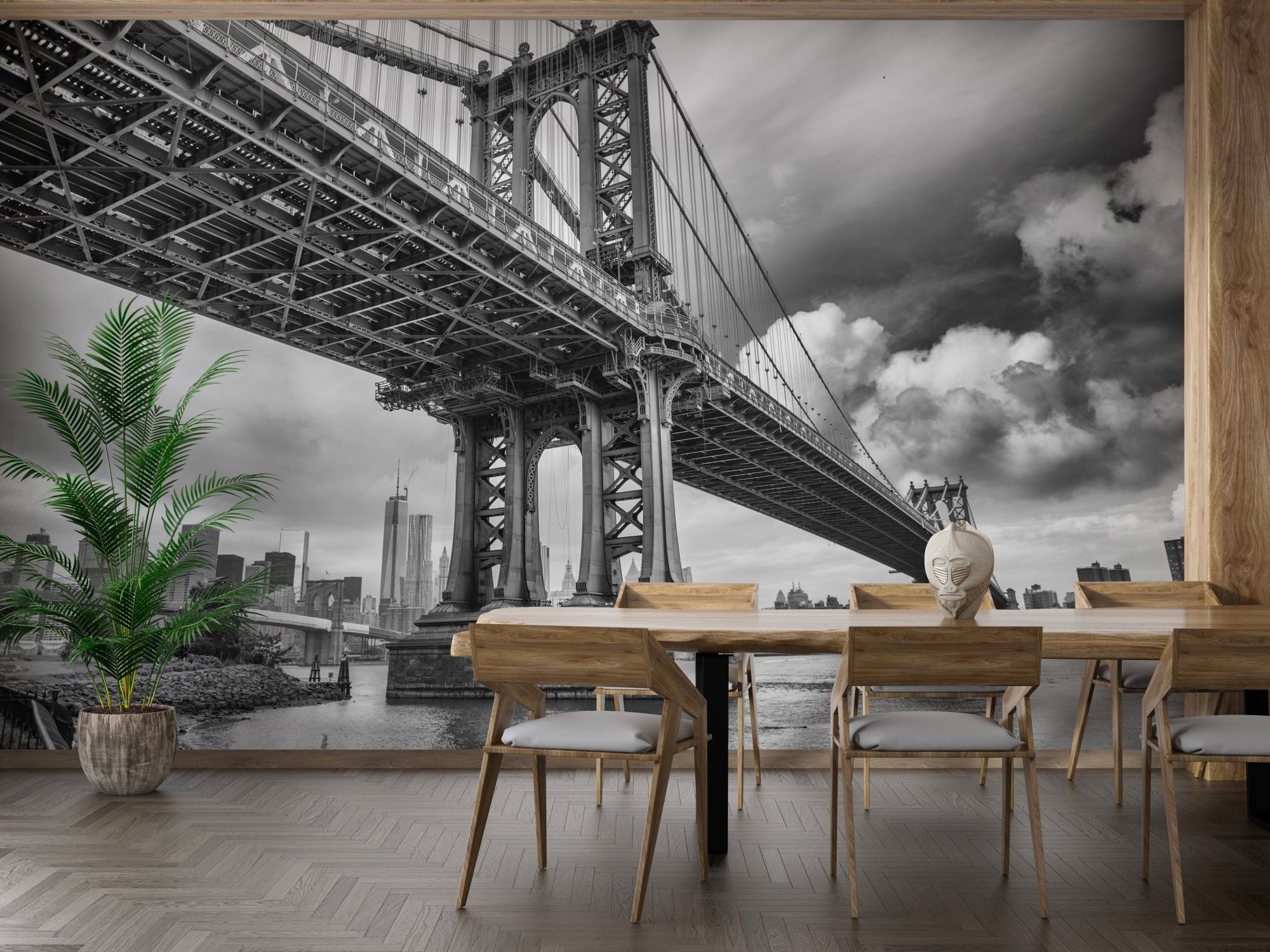 Black and white city bridge wallpaper for a feature dining wall.