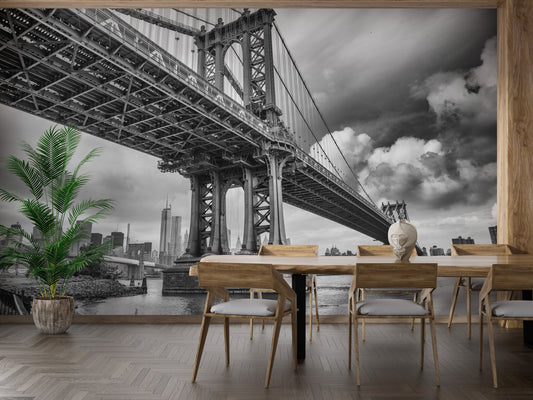 Black and white city bridge wallpaper for a feature dining wall.