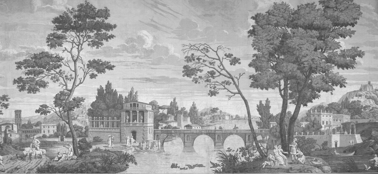 Black & White City Panorama Wall Mural with stone bridge and tall trees.