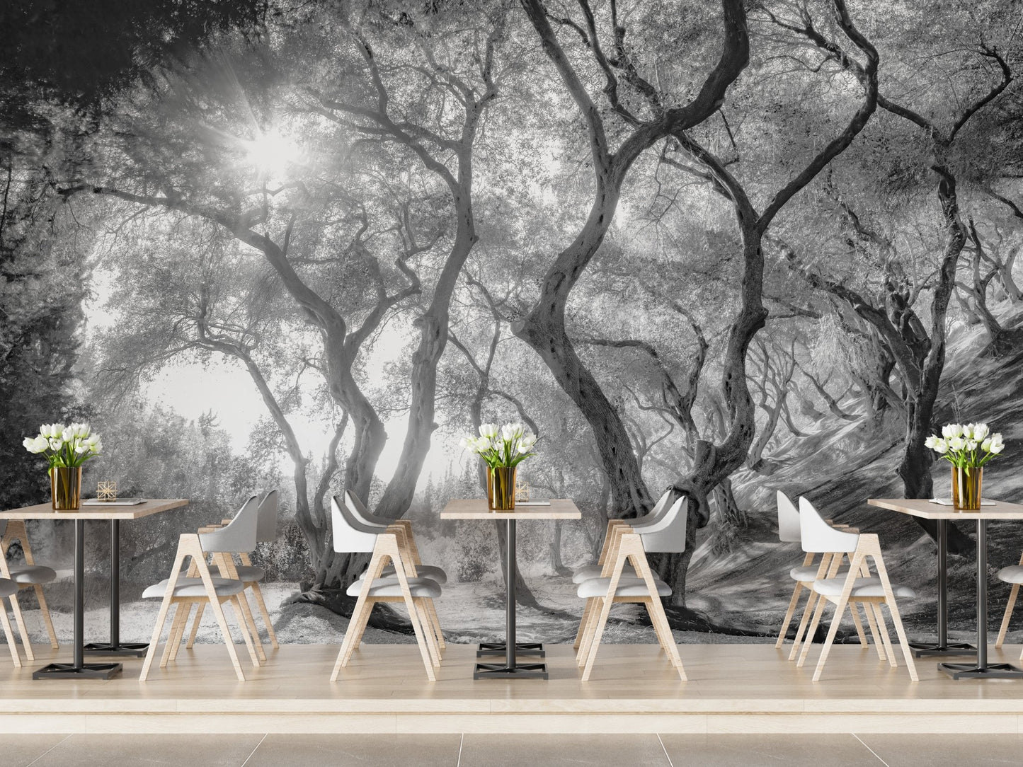 Grey tones forest wall mural for a cafe dining area backdrop.
