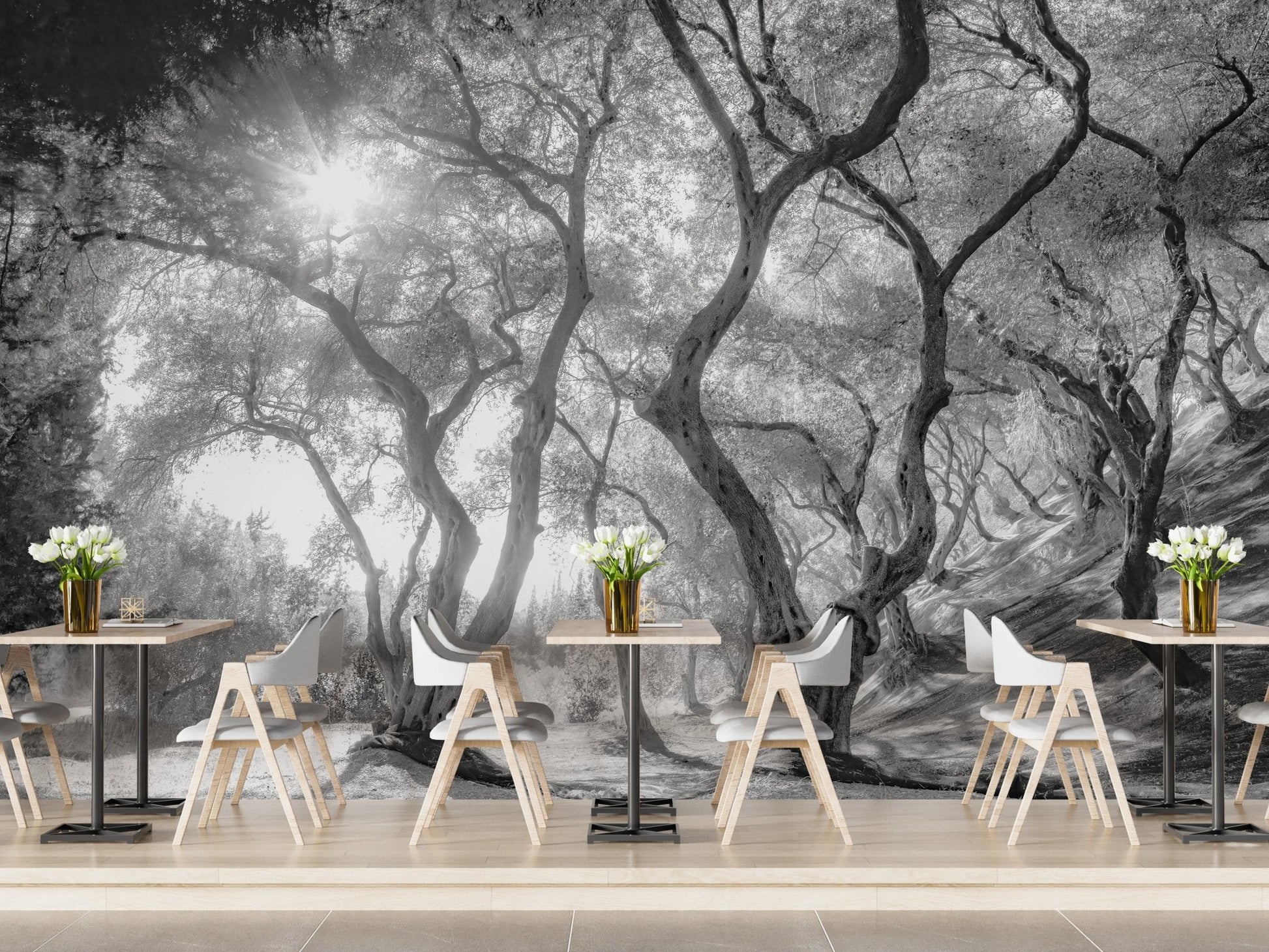 Grey tones forest wall mural for a cafe dining area backdrop.