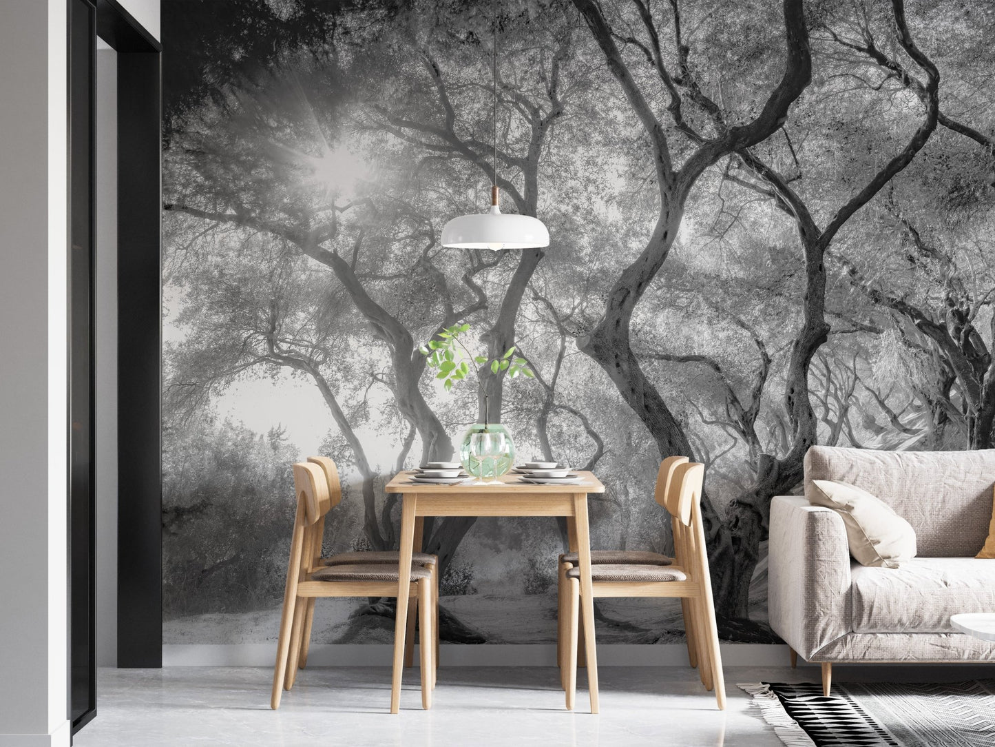 Black and white olive grove wall mural for serene dining room interior.