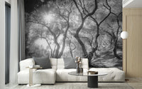 Monochrome forest wall mural in a white minimalist living room