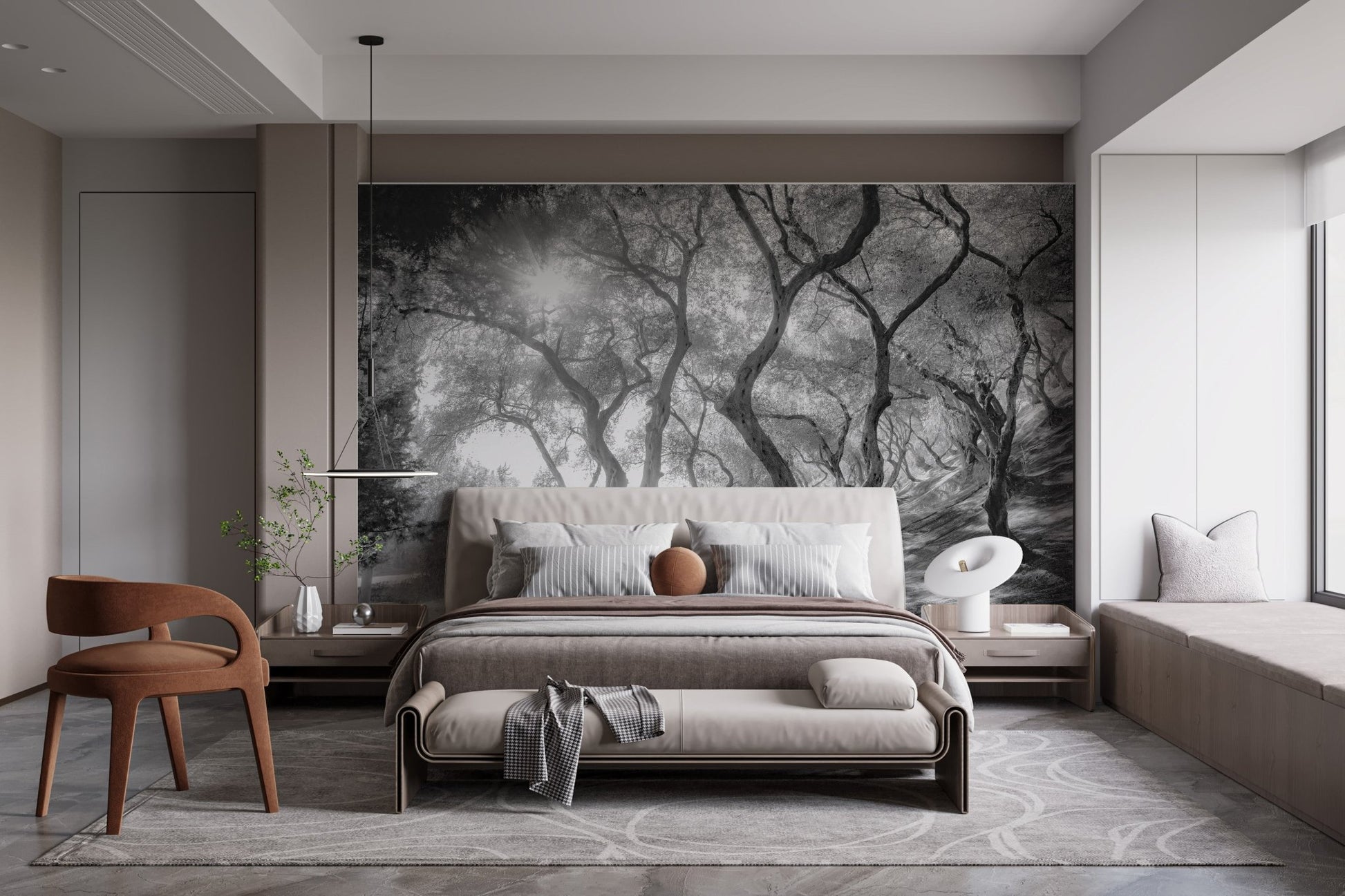 Black and white olive groves wall mural in a luxury bedroom suite