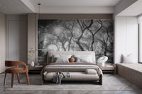 Black and white olive groves wall mural in a luxury bedroom suite