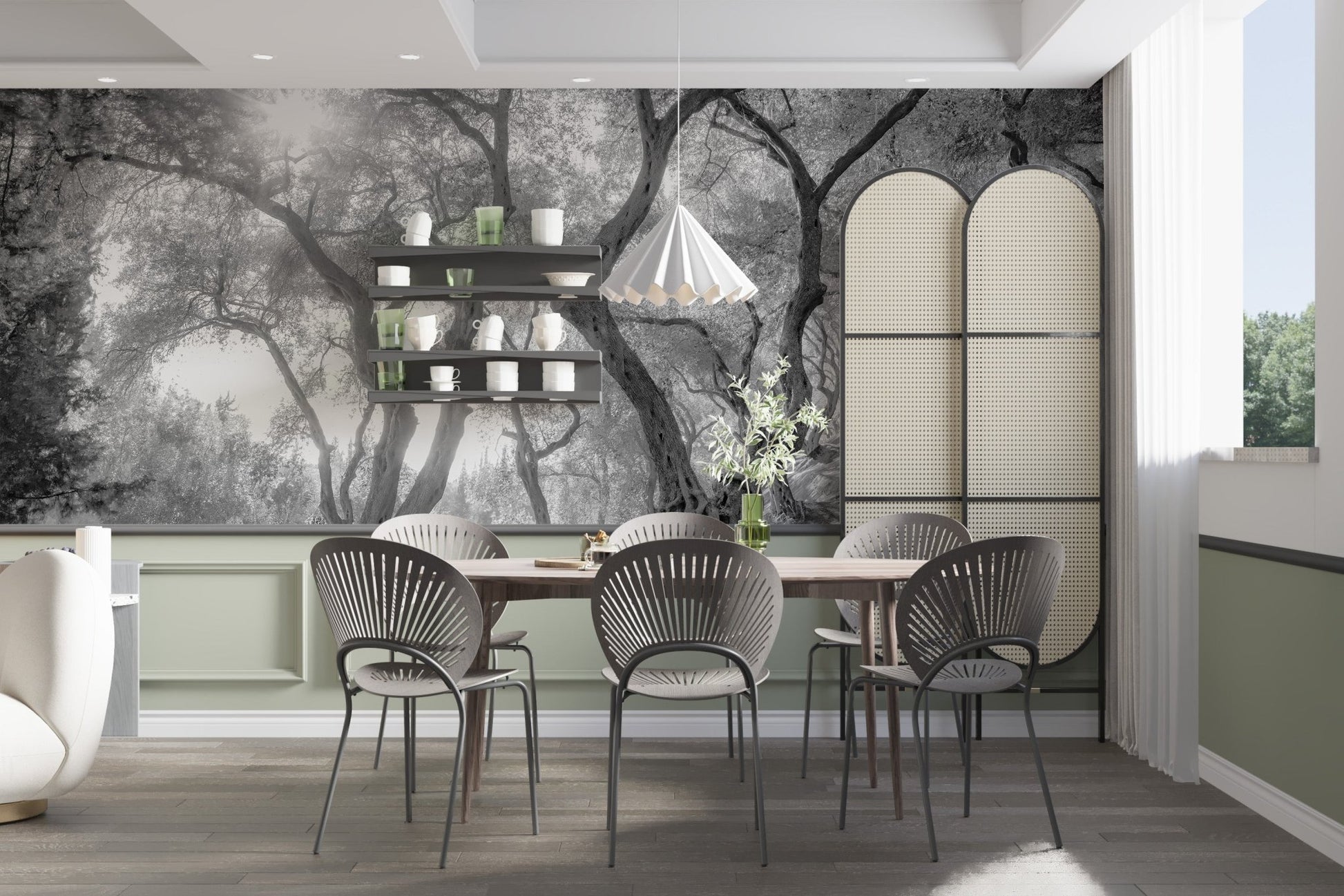 Olive tree pattern wall mural in a light grey dining room