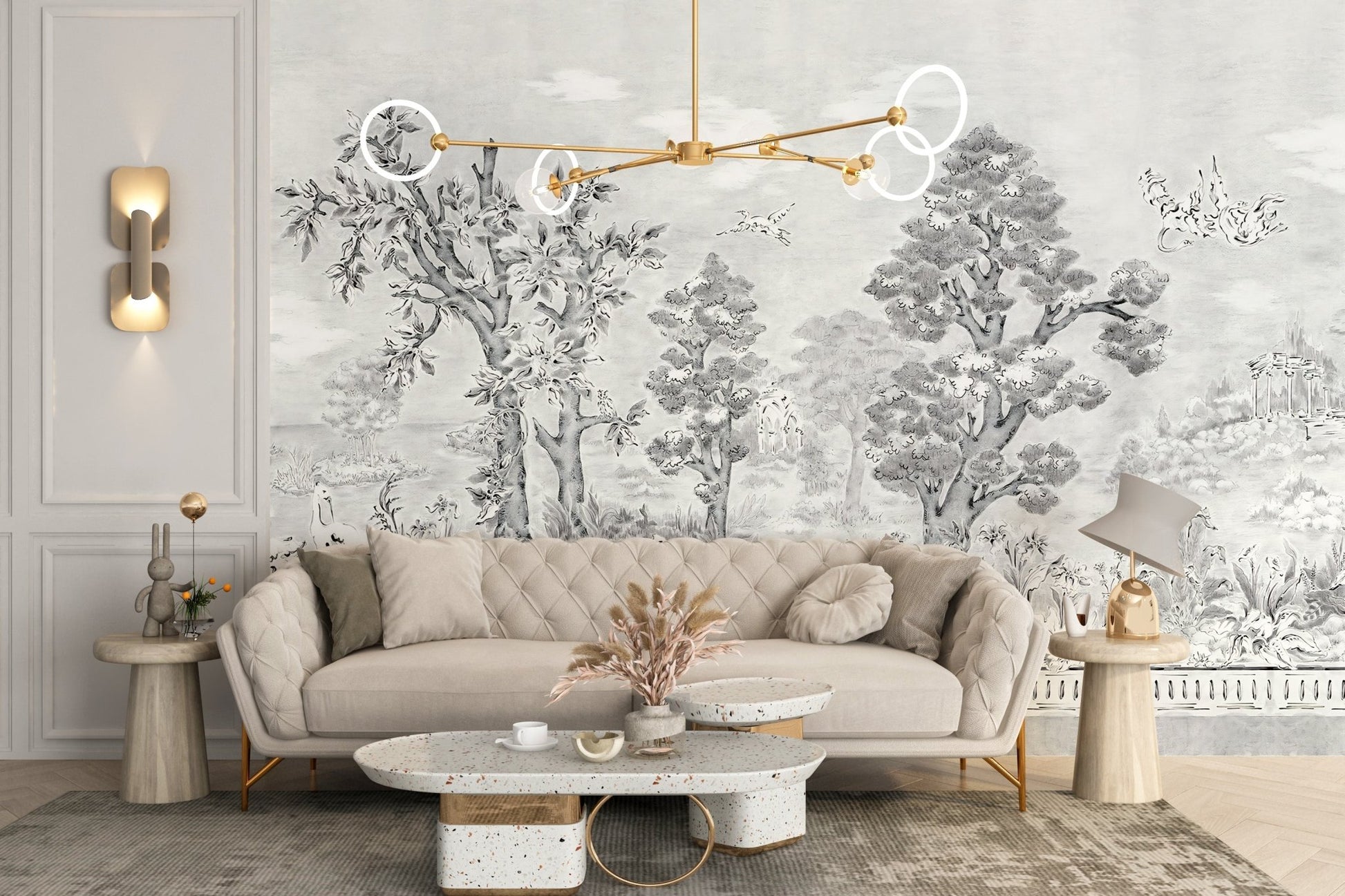 Hand-painted style tree wall mural behind a cream sofa with gold lighting.