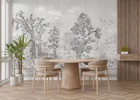 Black & White Watercolor Tropical Tree Mural in a dining area with wooden furniture.