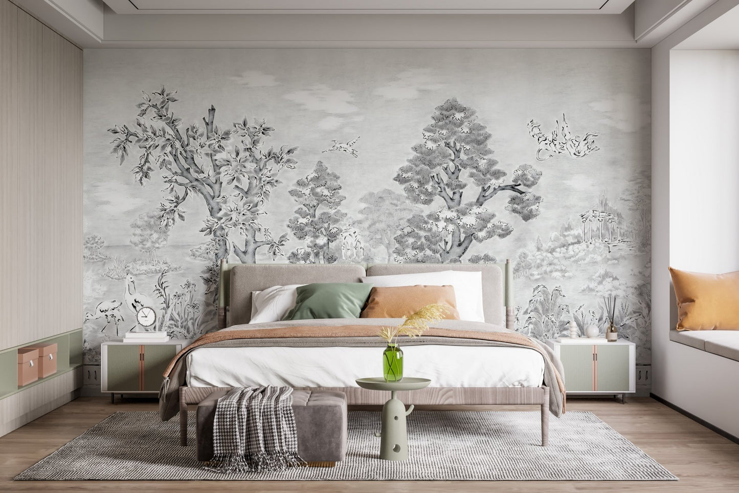 Black & White Watercolor Tropical Tree Mural as a bedroom headboard feature wall.