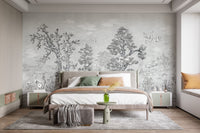 Black & White Watercolor Tropical Tree Mural as a bedroom headboard feature wall.