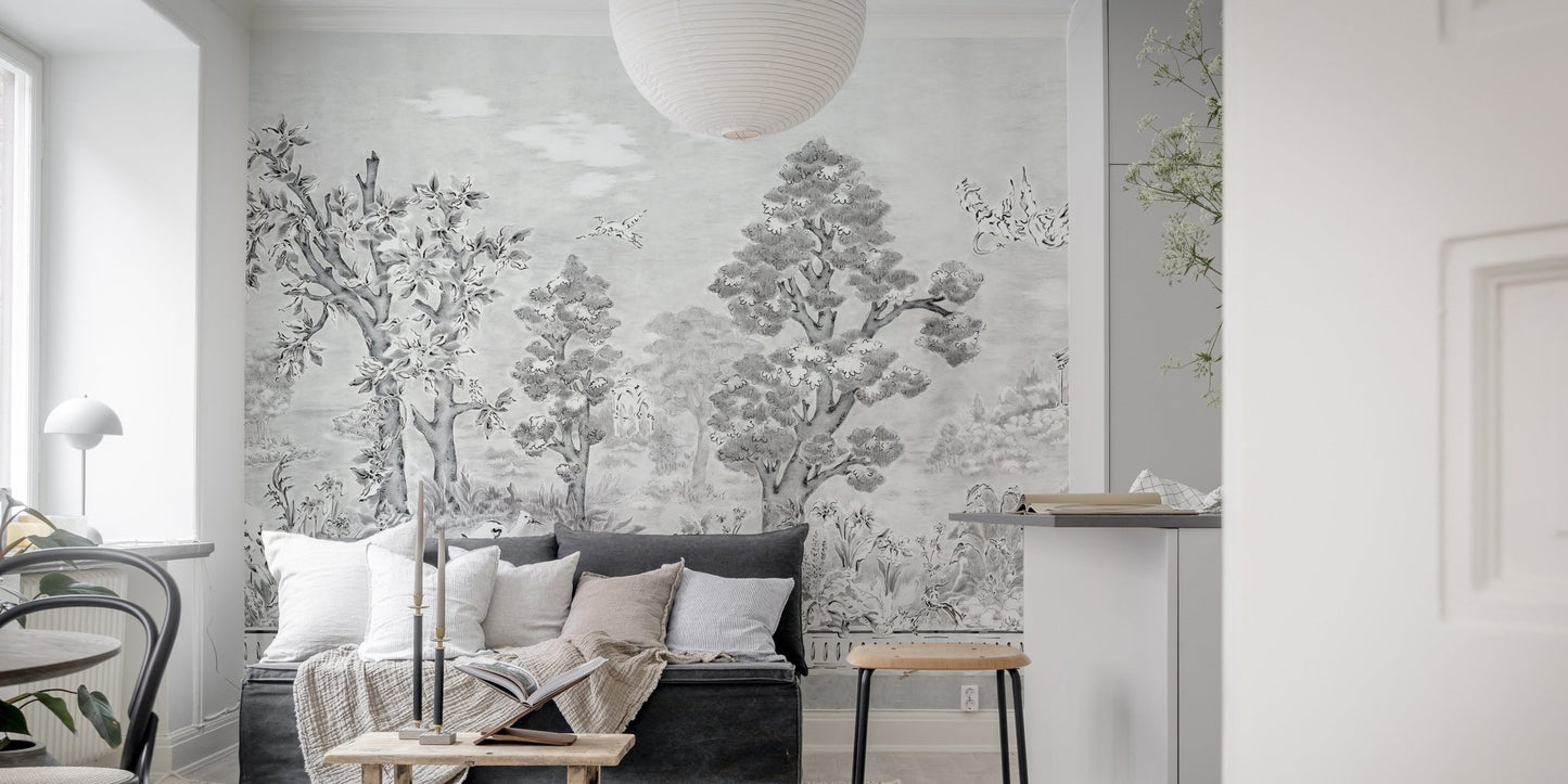 Grey tone tropical tree wall mural in a bright living room with minimalist decor.