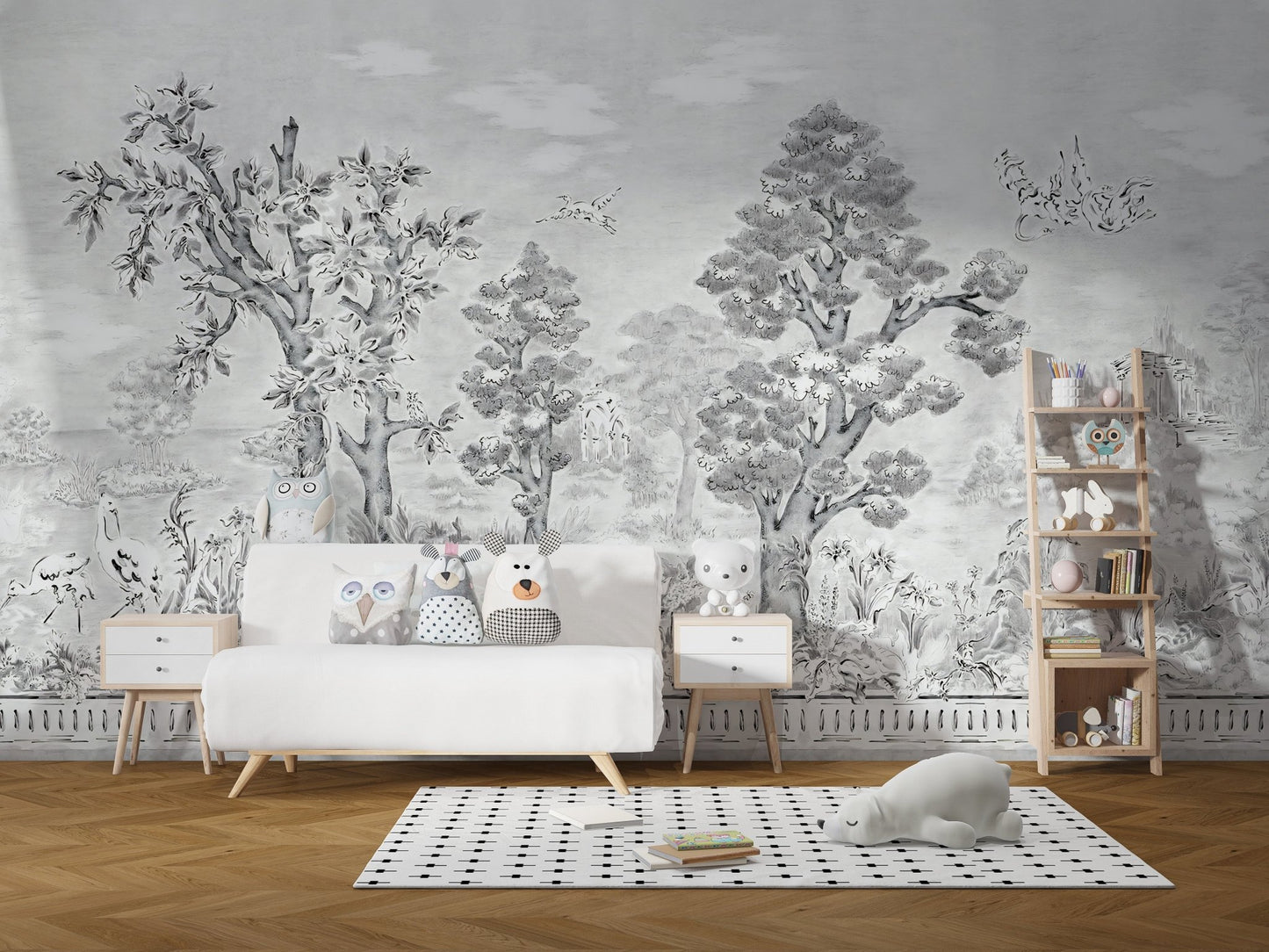 Black & White Watercolor Tropical Tree Mural in a spacious white kids area.