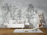 Black & White Watercolor Tropical Tree Mural in a spacious white kids area.