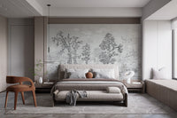 Grey watercolor forest wall mural in a modern bedroom with neutral bedding.