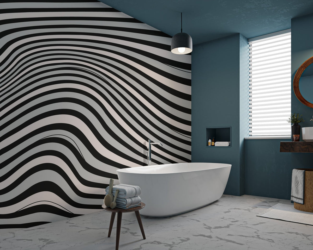 Geometric optical illusion wall mural with flowing dark lines.
