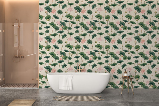 Blissful Lotus and Lush Greenery Wallpaper in a modern bathroom with a white tub.