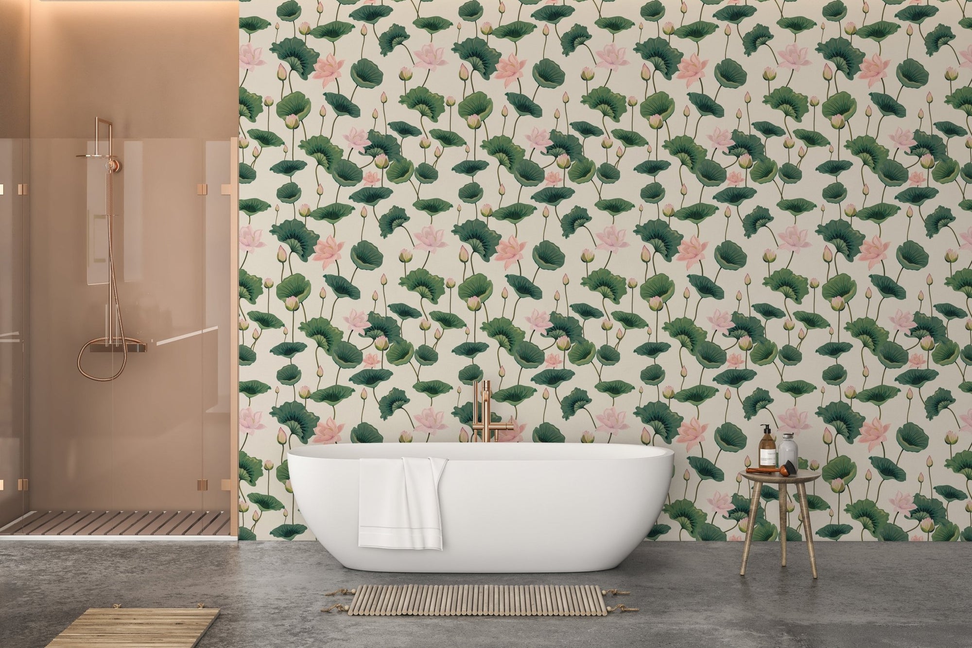 Blissful Lotus and Lush Greenery Wallpaper in a modern bathroom with a white tub.