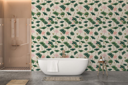 Blissful Lotus and Lush Greenery Wallpaper in a modern bathroom with a white tub.