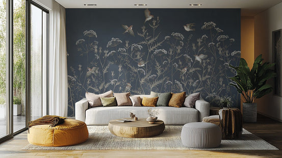 Blooming birds wallpaper mural with navy sky and meadow stems.