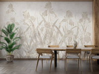 Blooming Flowers mural in dining area with wooden table and chairs.