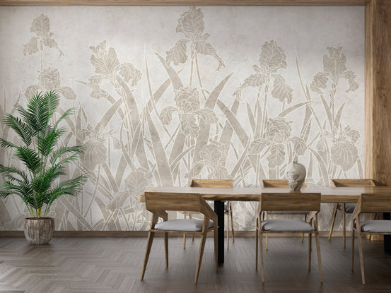Blooming Flowers mural in dining area with wooden table and chairs.