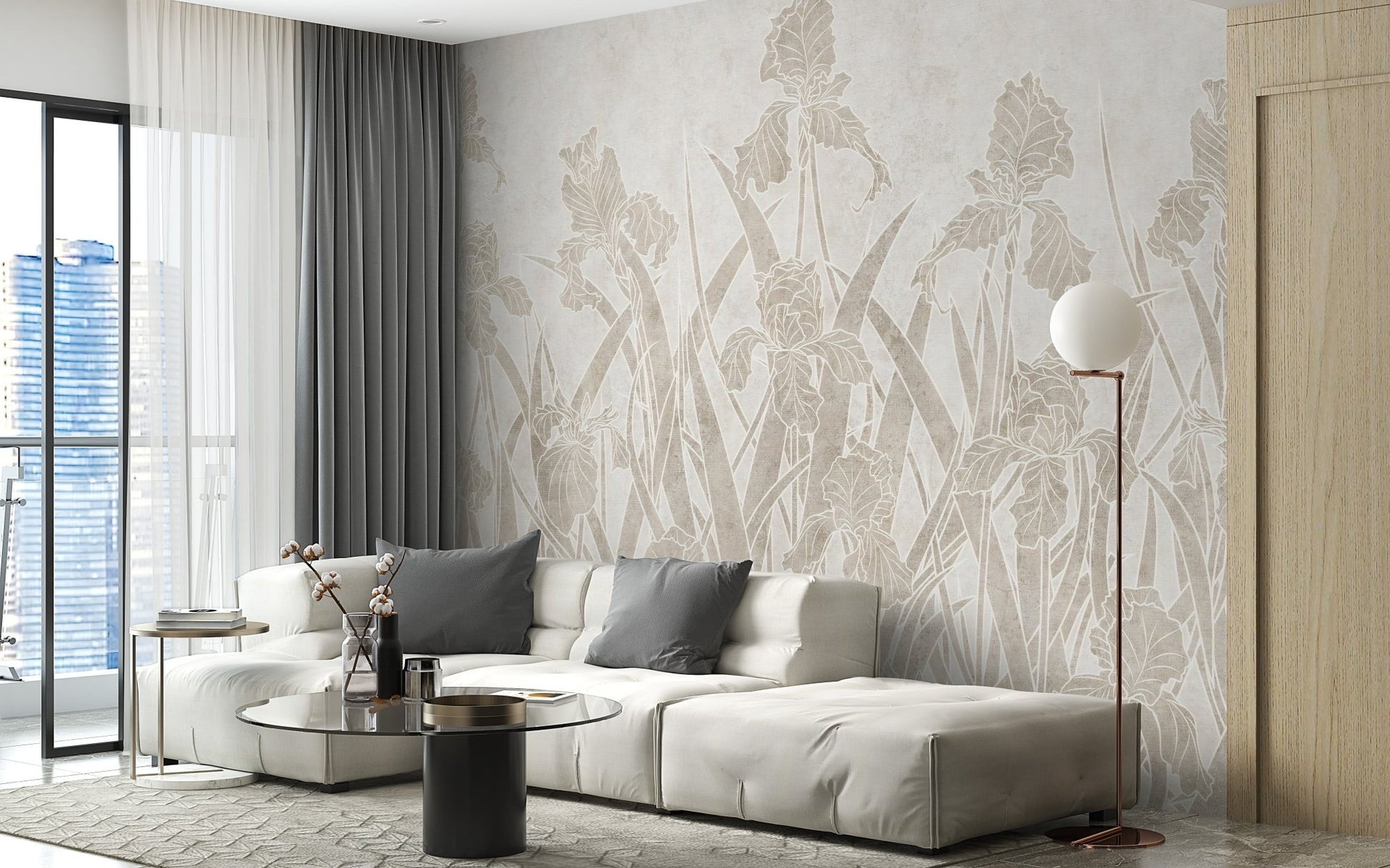 Blooming Flowers and Shrubs Wall Mural behind large sofa in sunlit flat.