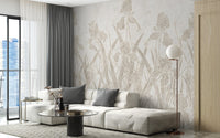 Blooming Flowers and Shrubs Wall Mural behind large sofa in sunlit flat.