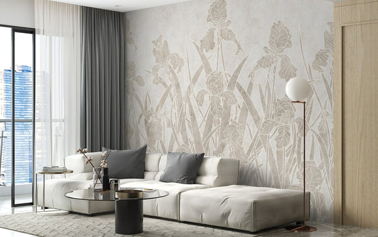 Blooming Flowers and Shrubs Wall Mural behind large sofa in sunlit flat.