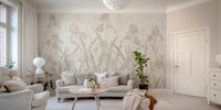 Neutral botanical flower wall mural in spacious living area.