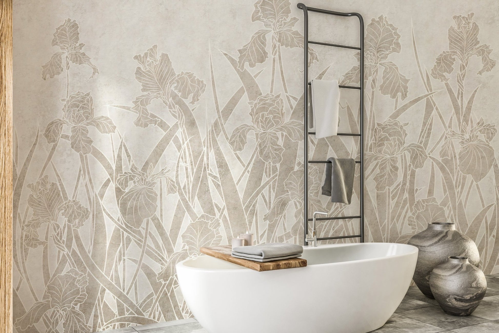 Blooming Flowers and Shrubs Wall Mural in bathroom with white tub.
