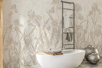 Blooming Flowers and Shrubs Wall Mural in bathroom with white tub.