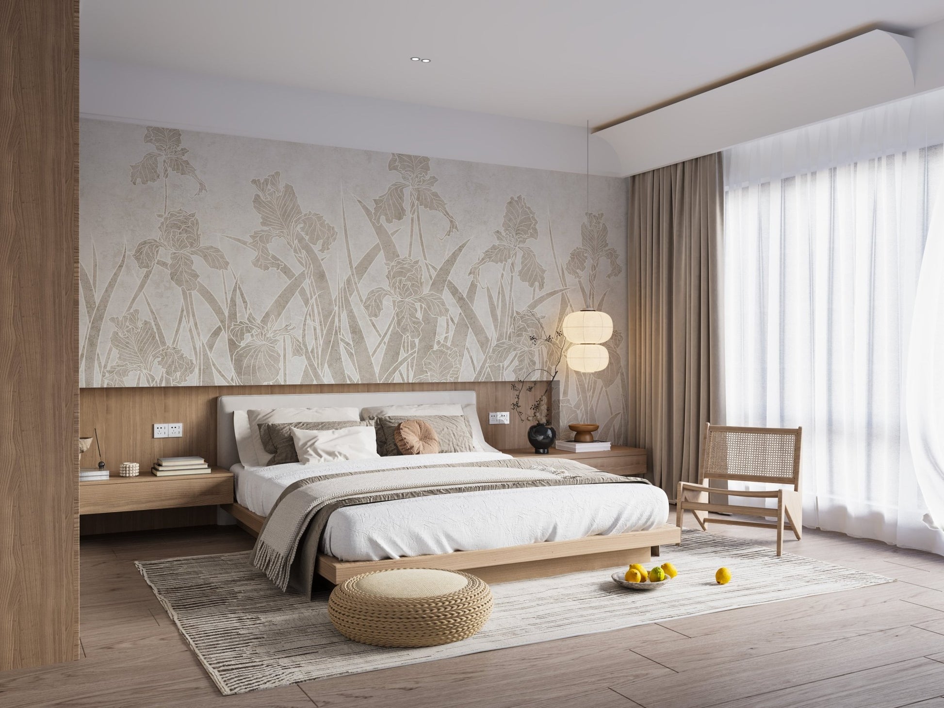 Beige flower wall mural in bedroom with light wood furniture.