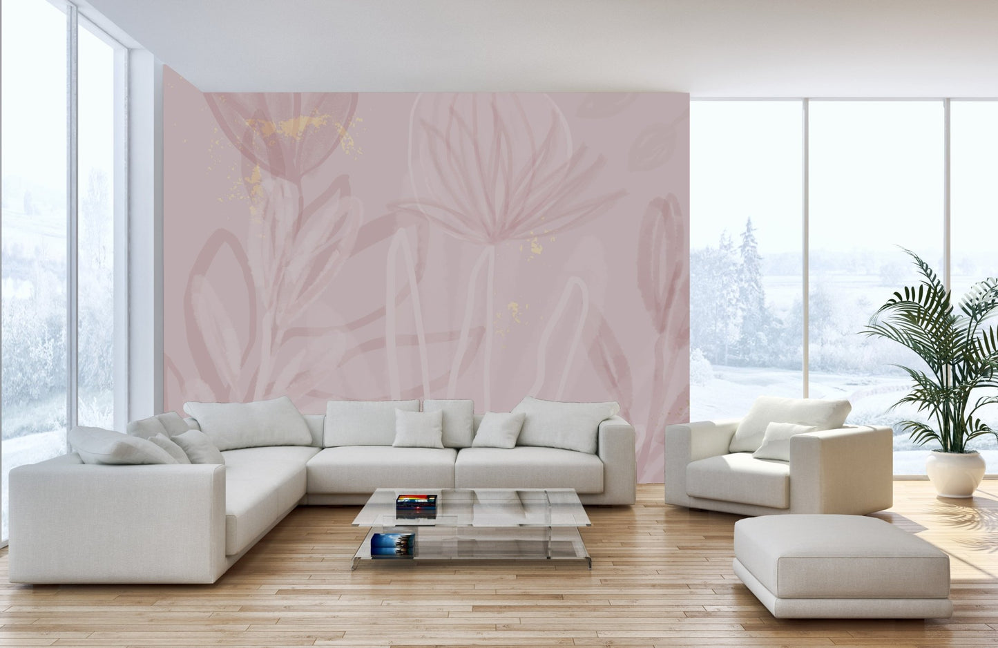 Wall mural with blooming blush petals for a romantic ambiance in living area.

