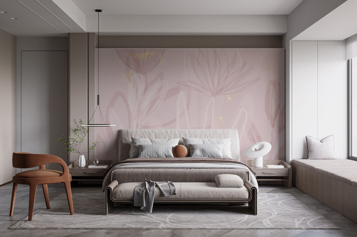 Artistic blush floral mural adding charm to modern bedroom wall decor.
