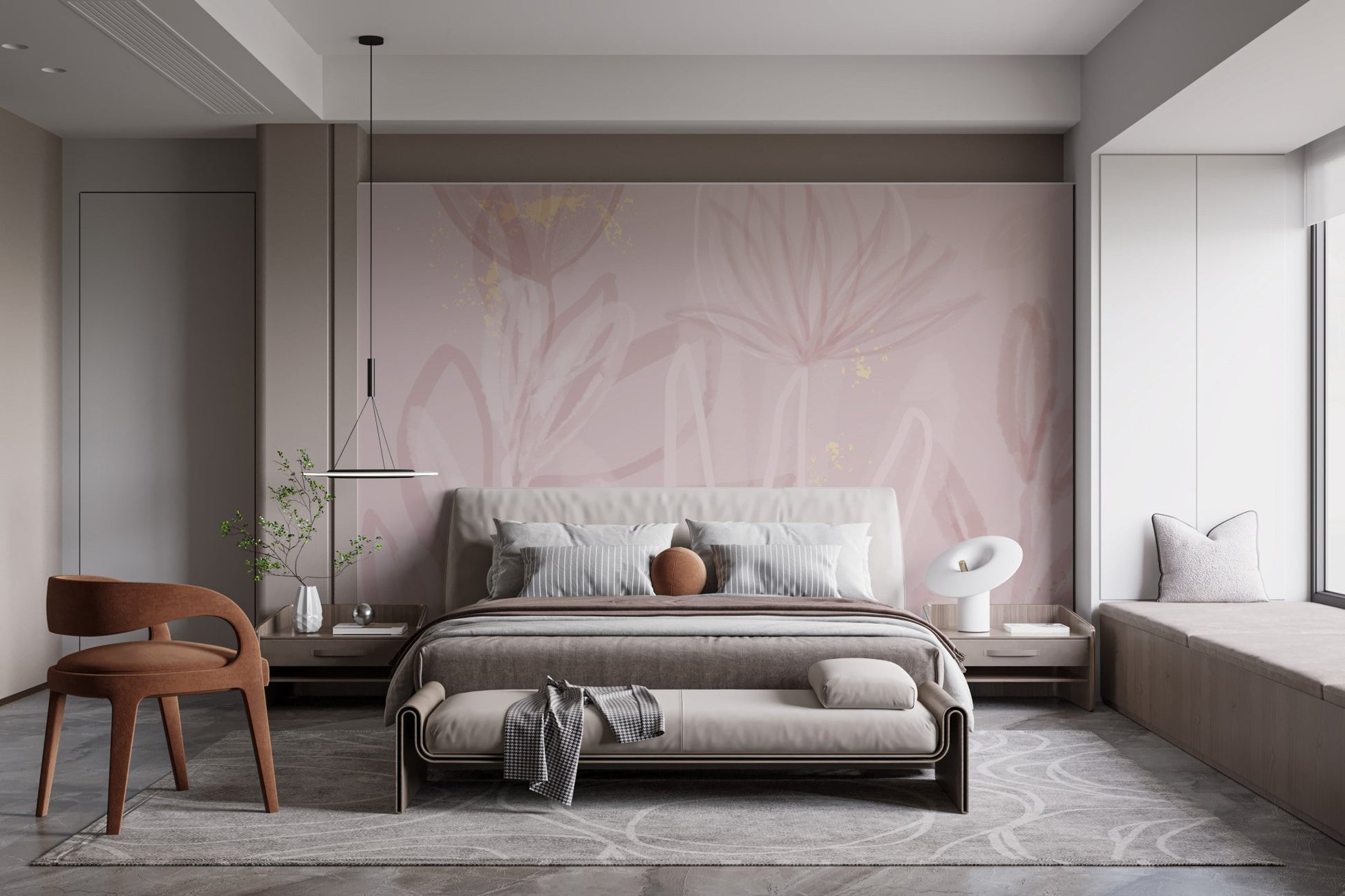 Artistic blush floral mural adding charm to modern bedroom wall decor.

