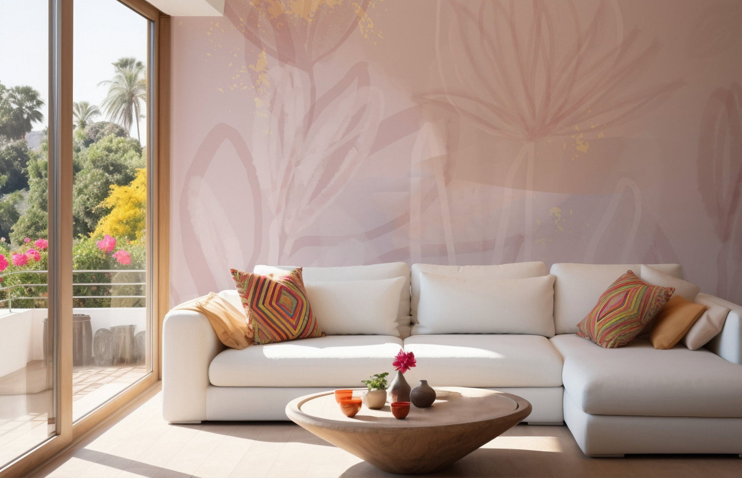 Blush floral wall mural showcasing blooming petals design in living room interior.
