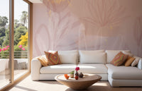 Blush floral wall mural showcasing blooming petals design in living room interior.

