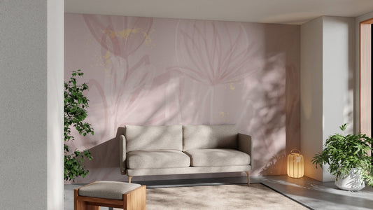 Blooming petal blush mural with soft floral accents for living room decor.
