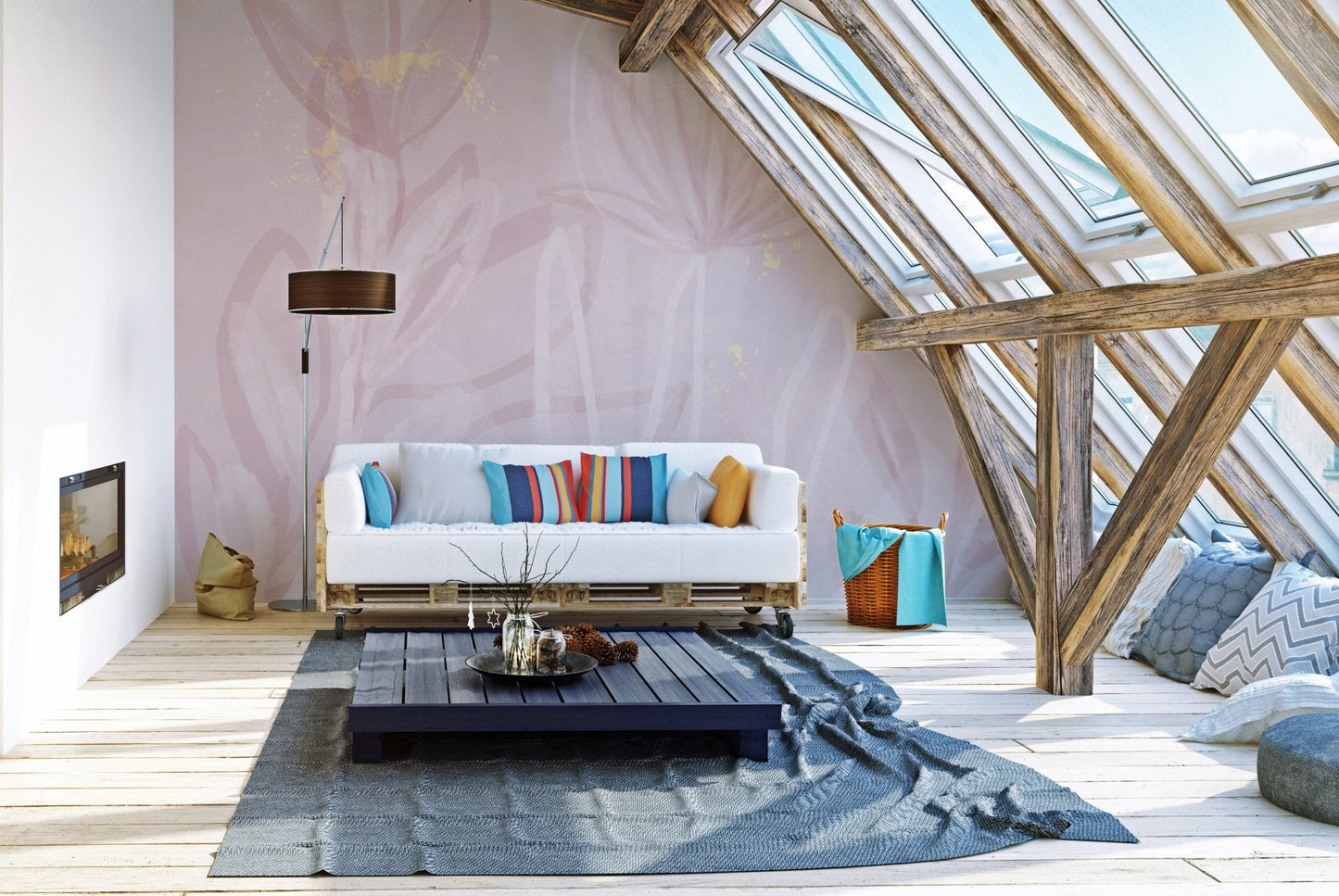 Floral wall mural with soft blush tones and blooming petals in attic living room.

