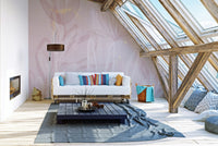 Floral wall mural with soft blush tones and blooming petals in attic living room.
