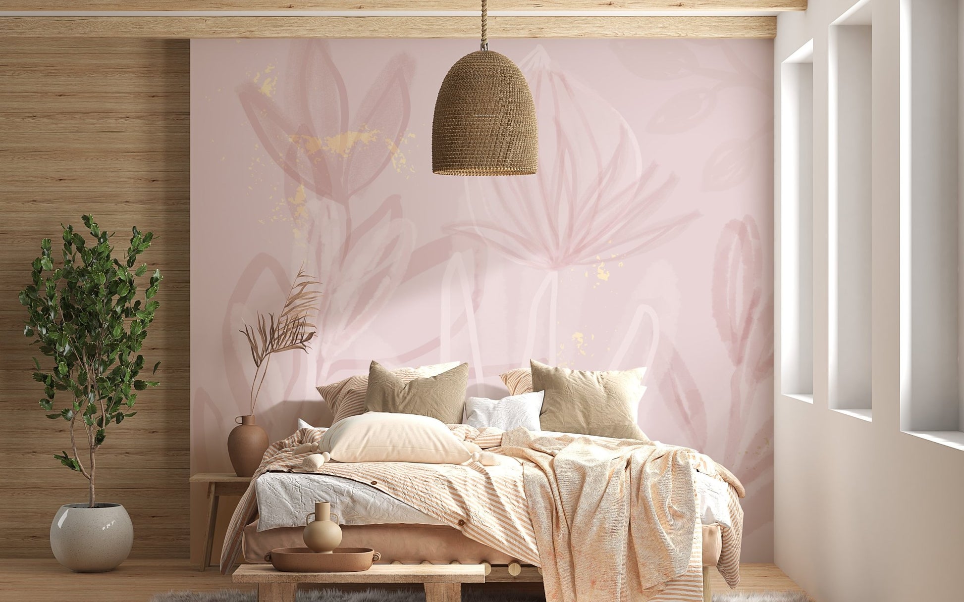 Blooming blush petal mural for tranquil and stylish bedroom spaces.
