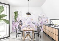Contemporary dining space featuring lavender watercolor wall mural