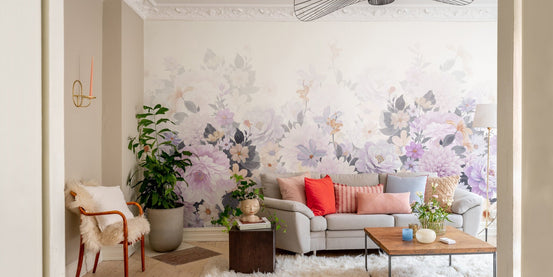 Blooming purple harmony mural with soft watercolor floral design in living room.
