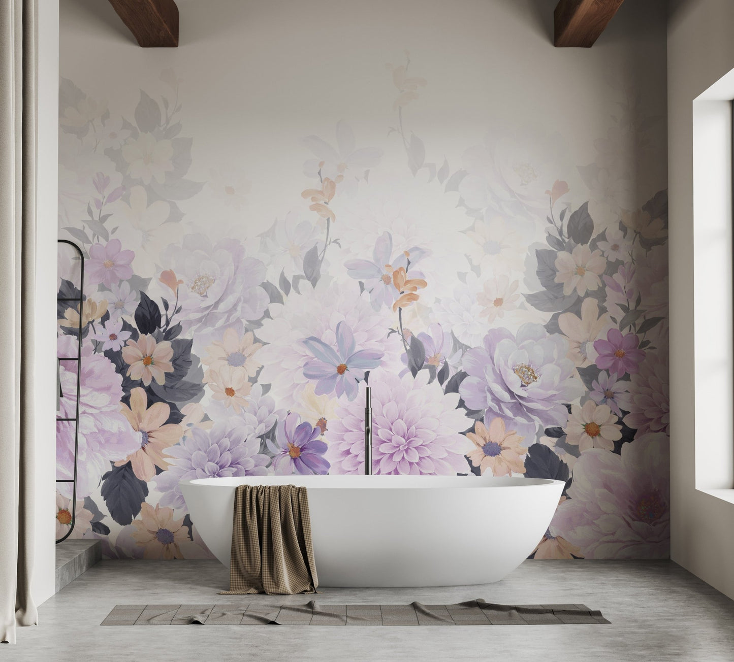 Watercolor mural showcasing blooming purple flowers for bathroom decor.
