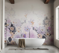 Watercolor mural showcasing blooming purple flowers for bathroom decor.
