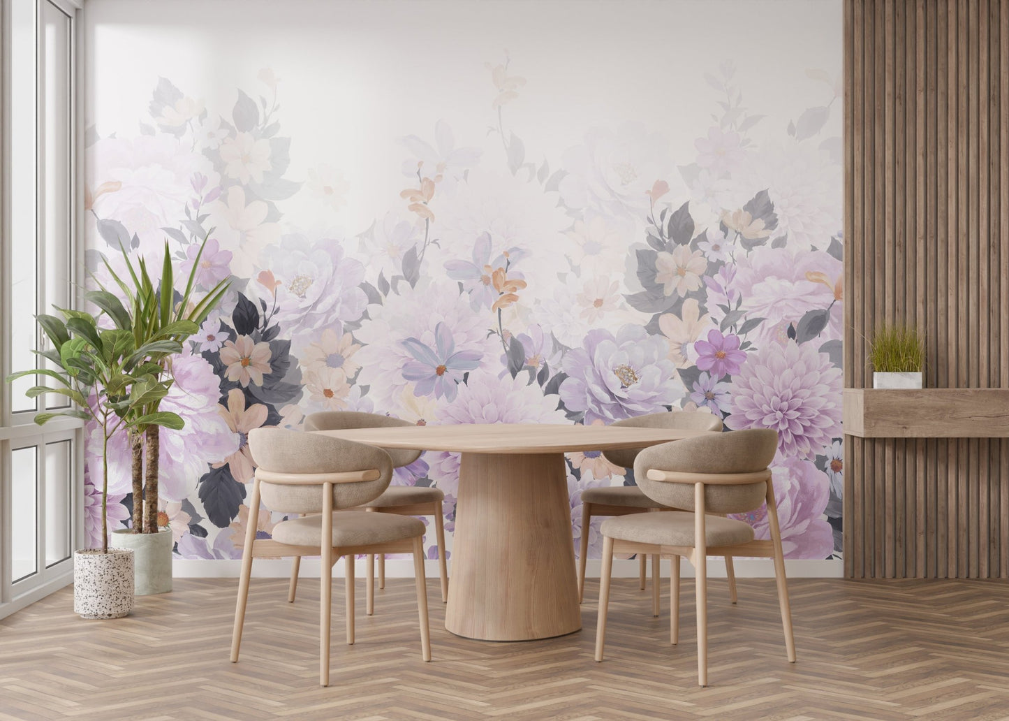 Purple harmony mural with watercolor blooms for serene dining room walls.
